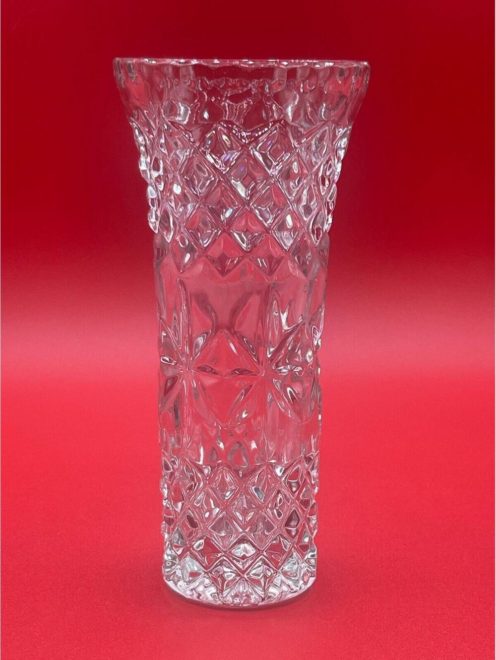 Clear Cut Glass Flower Vase with Diamond and Star Pattern 7.5"